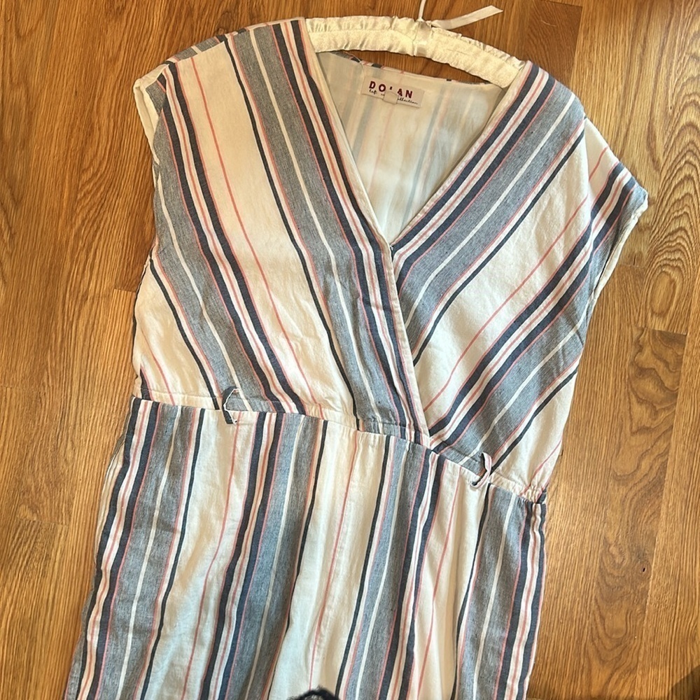 Dolan Cotton Linen Millie Striped Jumpsuit in Cream Blue Pink XL